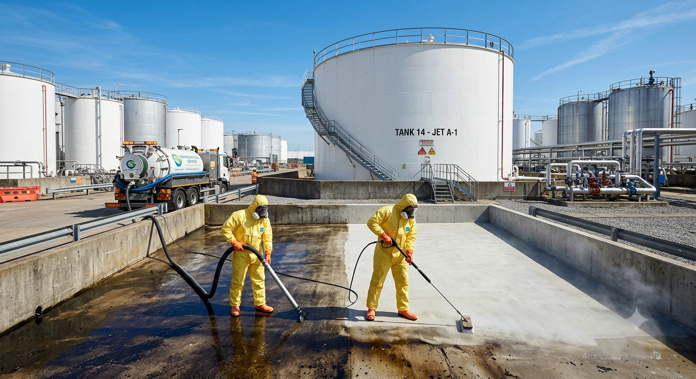 Industrial cleaning crew working safely at a fuel depot