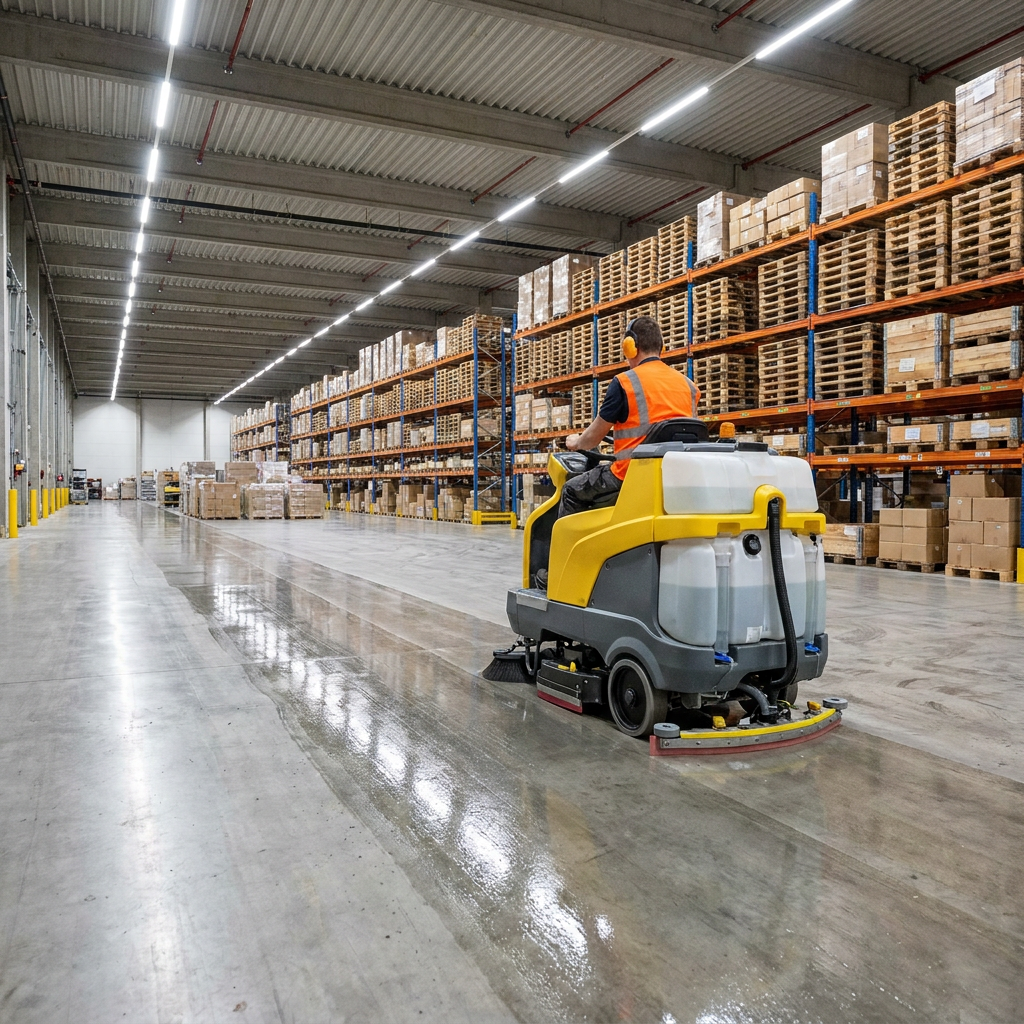 Industrial warehouse floor cleaning